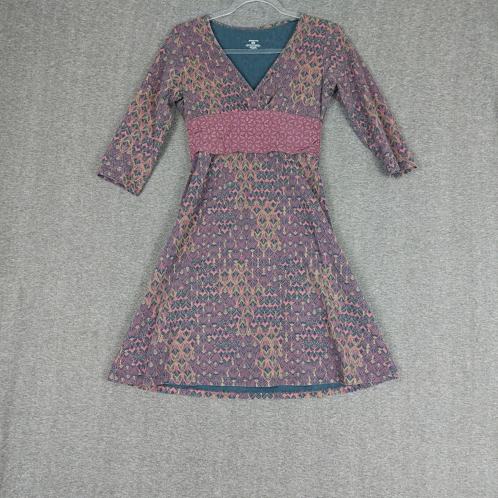 PATAGONIA MARGOT WOMENS PURPLE GEOMETRIC PAISLEY 3/4 SLEEVE SHORT LENGTG DRESS S